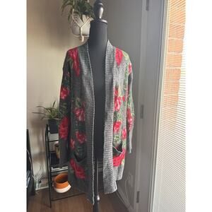 Aeropostale Wmns Sz S Rose Graphic Long Cardigan Sweater Buttons Cottagecore